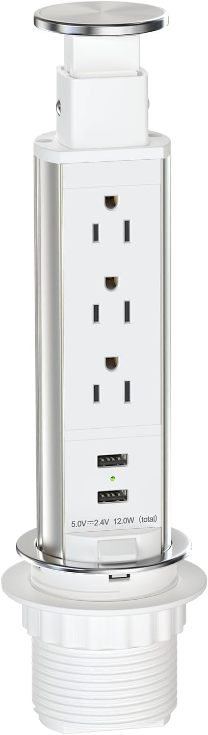 Pop Up Outlet for Countertop, Receptacle Power Strip with 3 AC Outlet 2 USB Ports, Pull Pop Up Power Socket Outlet, 2.5" Hole Recessed Outlet for Kitchen Counter Conference Desk Office, White
