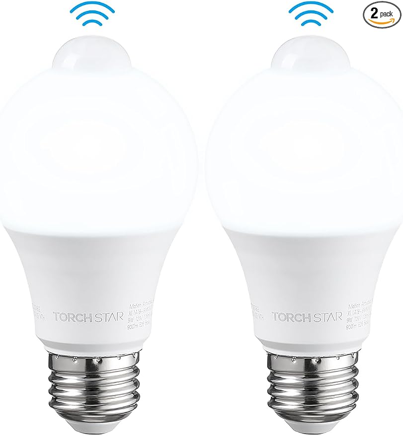 TORCHSTAR 2-Pack A19 Motion Sensor LED Light Bulb, 900LM, E26 6000K