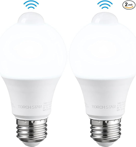 TORCHSTAR 2-Pack A19 Motion Sensor LED Light Bulb, 900LM, E26 6000K