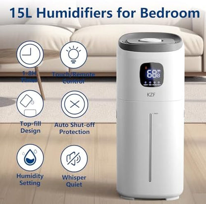 KZF Humidifiers for Bedroom, 15L Large Room Humidifier, 2000 Sq.ft Coverage, 72Hrs Runtime, Top Fill, 26dB Quiet, 3 Mist Levels & Diffuser, Auto Shut-Off, Ready for Baby Nursery Home and Plants
