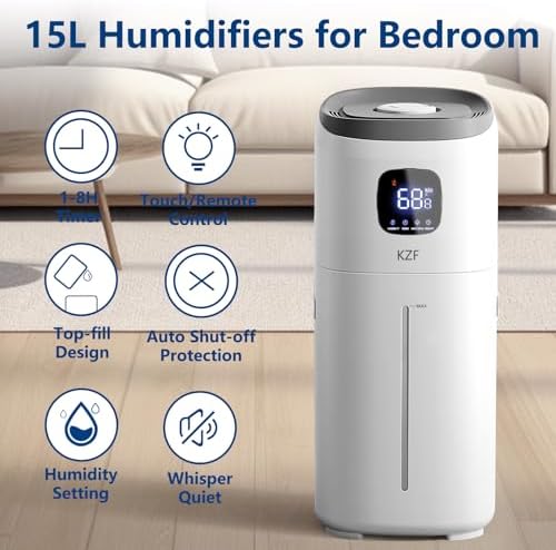 KZF Humidifiers for Bedroom, 15L Large Room Humidifier, 2000 Sq.ft Coverage, 72Hrs Runtime, Top Fill, 26dB Quiet, 3 Mist Levels & Diffuser, Auto Shut-Off, Ready for Baby Nursery Home and Plants