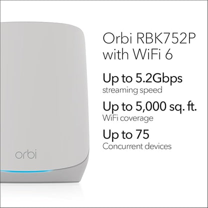 NETGEAR Orbi Whole Home Tri-Band WiFi 6 Mesh Network System (RBK752P) – Router with 1 Satellite Extender, Security Features, Coverage up to 5,000 sq. ft., 75 Devices, AX5200 802.11ax (Up to 5.2Gbps)