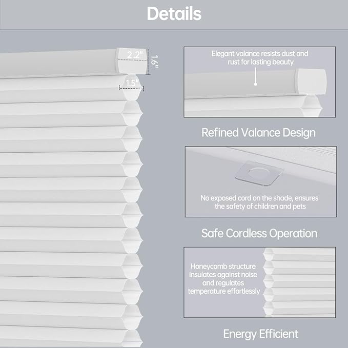 Cellular Shades Light Filtering Honeycomb Blinds for Indoor Windows, Cordless Cellular Shades 1.5 inch Cell Pleated for Bedroom Home Office, Custom Size, Half Shading Crystal White