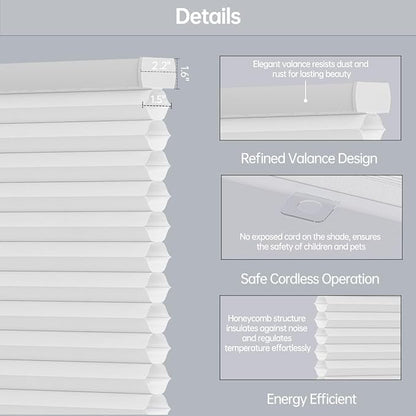 Cellular Shades Light Filtering Honeycomb Blinds for Indoor Windows, Cordless Cellular Shades 1.5 inch Cell Pleated for Bedroom Home Office, Custom Size, Half Shading Crystal White