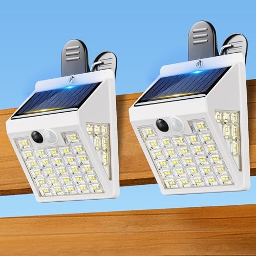 Clip On Solar Lights Outdoor,Motion Sensor Outdoor Lights, 72LEDs 600LM Clip on Solar Fence Lights Outdoor Waterproof LED,Solar Lights for Wall Fence,Deck, Gutter,Camping (2, White)