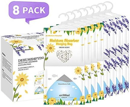 CANAGER Hanging Moisture Absorber, Fresh Scent and Lavender Vanilla Moistureproof Hanging Bag，Dehumidifier Bag (8 packs) Hanging Closet Dehumidifier Bags, Moisture Absorb 12.5 oz