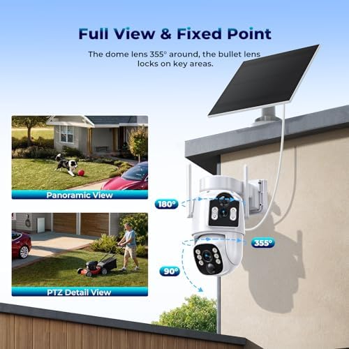 Solar Security Cameras Wireless Outdoor, Dual-Lens Security Camera System, Multi-Angle Monitoring, 360°PTZ, 2K Color Night Vision,2-Way Audio, 0 Monthly Fee, 2.4 & 5GHz WiFi