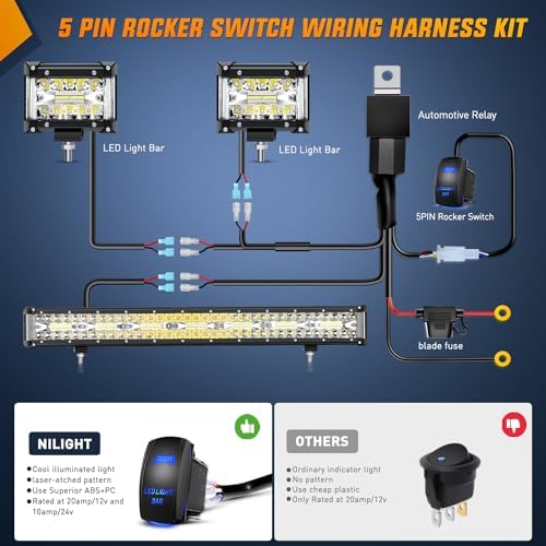 Nilight 42Inch LED Light Bar 2Pcs 4Inch 60W Spot Flood Lights Pods Off Road DrivingWork Lighting with 14AWG Wiring Harness Kit-3 Leads for Truck Tractor Pickup Boat SUV ATV UTV Car Van Camper