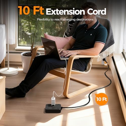 TESSAN Surge Protector Power Strip, 10Ft Flat Plug Extension Cord, Black