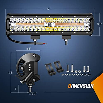 Nilight 12inch Amber White Strobe 6 Modes 300W LED Light Bar