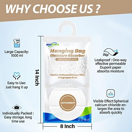 ZSZMFH 12 Pack Moisture Absorber Hanging Bags, Fragrance Free Humidity Packs, 15 OZ Dehumidifier Bags Effectively Trap Extra Moisture,Hanging Closet Dehumidifier Bags-425g/pack