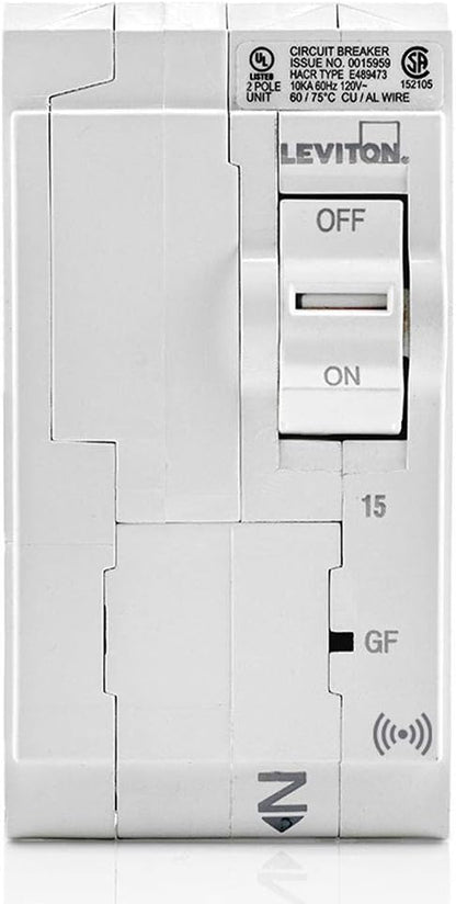 Leviton 15A 2-Pole Plug-On Smart GFCI Branch Circuit Breaker, Hydraulic Magnetic, 120/240 VAC, LB215-GS, White