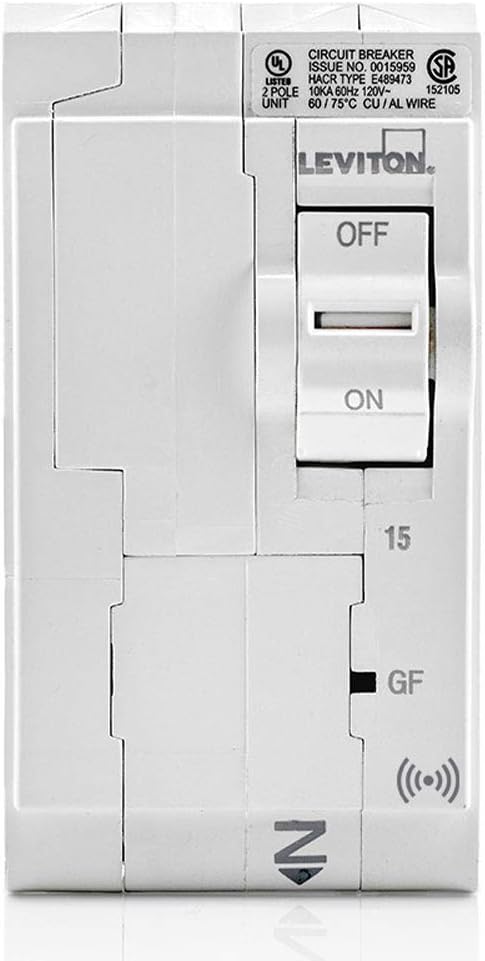 Leviton 15A 2-Pole Plug-On Smart GFCI Branch Circuit Breaker, Hydraulic Magnetic, 120/240 VAC, LB215-GS, White