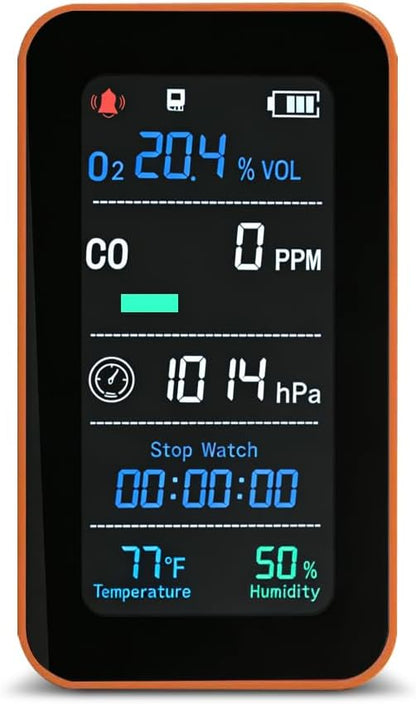 Portable Outdoor Environmental Monitor with O₂ & CO Level Tracking, Barometric Pressure, Temperature & Humidity, LED Flashlight and Stopwatch, Rechargeable Handheld Device for RV & Camping