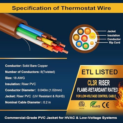 18/8 Thermostat Doorbell HVAC Wire, True Gauge 18 AWG 8 Conductor Solid Copper Control Cable, ETL Listed CL3R/CMR Riser Rated Flame-Retardant, RoHS, for 0-30V Low Voltage Systems - 100FT