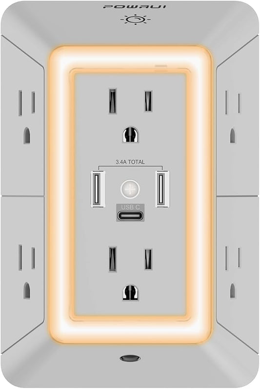 POWRUI Power Strip Surge Protector - 6 AC Outlets with 3 USB Ports (1 USB C), Night Light, 3-Sided Multi Plug Wall Extender with Spaced Outlets - Grey, ETL Listed