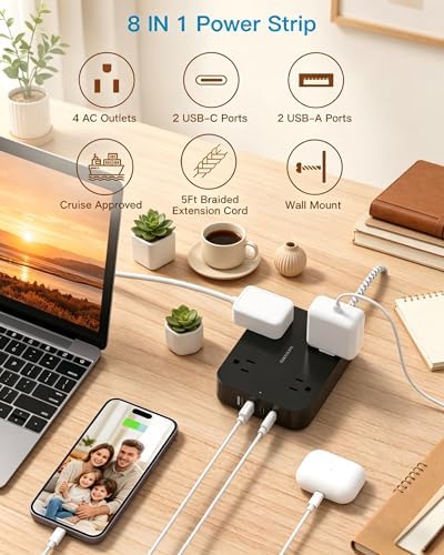5 Ft Braided Extension Cord, Ultra-Thin Flat Plug, 4 Widely Spaced Outlets