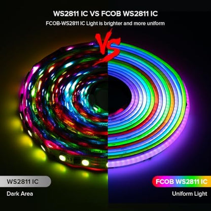 BTF-LIGHTING RGB WS2811 Smart IC FCOB COB LED Strip, UL Listed 576LEDs/m High Density Color Chasing Uniform Light, DC24V 9.8FT 10mm Width Tape Light for Home Party DIY Decor(No Adapter or Controller)
