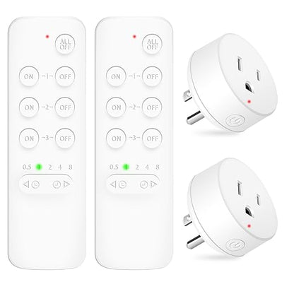 NineLeaf Wireless Remote Control Outlet with Timer, Indoor Remote Timer Outlet, No Interference No Wiring, 15A/1875W 500FT RF Range, Countdown Light Switch for Lamp, Fan,2Remote 2Outlets