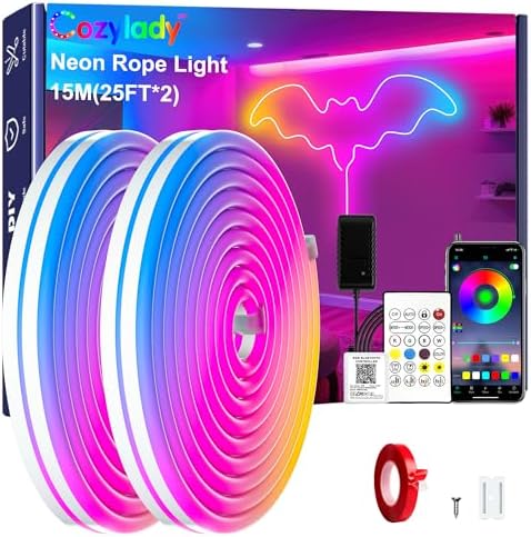 Cozylady RGB Neon Light LED Rope Light,Waterproof Bluetooth APP Remote Control Music Sync Strip Light,24V Flexible DIY Silicone Light for Bedroom Home Indoor Outdoor Decoration(15m/50ft)
