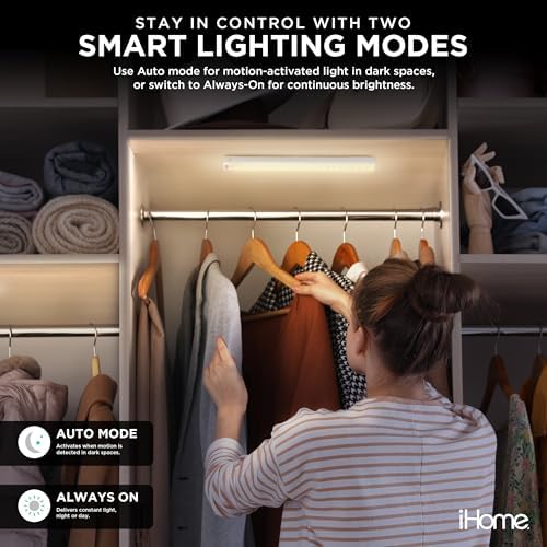 iHome Rechargeable Auto Sensing Light Bars, Motion Sensor, Dimmable, Auto/Always-On Modes, Easy Installation (2-Pack 12” LED Light Bar)