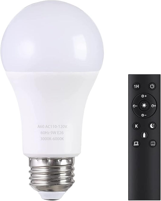 A19 LED Light Bulbs with Remote Control 1100LM 12W (80W Equivalent) LED Bulbs,Stepless Dimmable 3000K-6000K,E26 Base,CRI 80+,2.4GHz,25000+ Hours Lifespan,Light Bulb for Home Decor,1Bulb & Remote