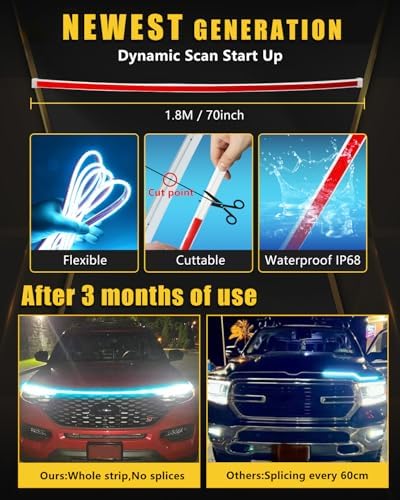 YM E-Bright LED Hood Light Strip, 70in Ice Blue Dynamic Scan DRL 12V 1Set