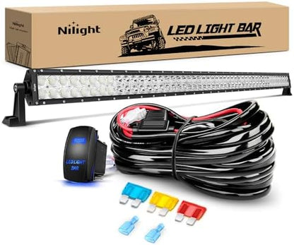 Nilight 52Inch 300W Spot Flood Combo Led Light Bar Off Road Driving Lights Boat Lights Fog Light 12V On/Off 5 Pin Rocker Switch Power 14AWG Wiring Harness Kit-1 Lead for Trucks,2 Years Warranty