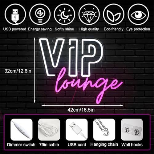 Horseneon VIP Lounge Neon Signs for Wall Decor, VIP Neon Lights Signs for Room Decor, Led Light Up Sign with USB Powered for Bar, Hotel, Cafe, VIP Room, Home Decoration (Pink&White)