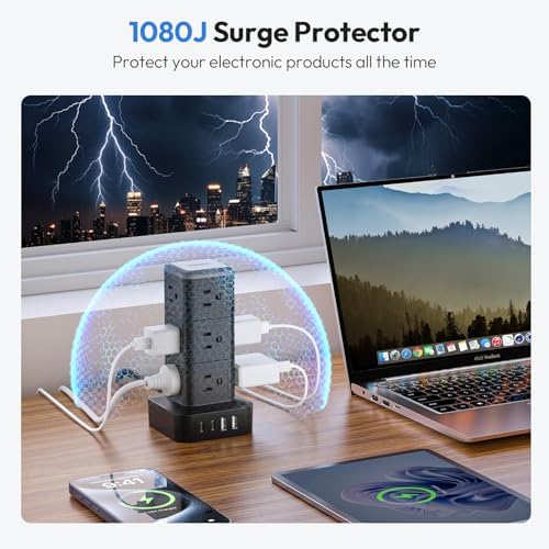 NTONPOWER 15 FT Power Strip Surge Protector Tower, Mini Flat Plug Power Strip Tower, 12 AC & 4 USB (2 USB C), 1625W / 13A Overload Protection, 1080J Surge Protector Tower for Home Office Dorm Room