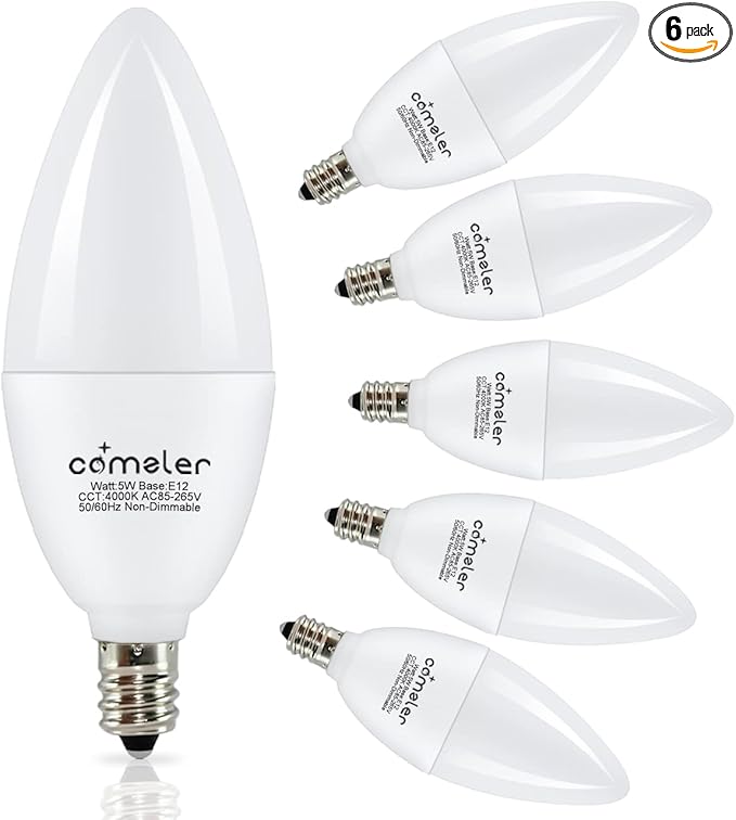 comzler E12 LED Bulb Candelabra Base, Type B LED Bulb 60 Watt Equivalen 4000K Natural Daylight B11 Small Base, Chandelier Ceiling Fan LED Light Bulbs 500 Lumens No-Dimmable Pack of 6