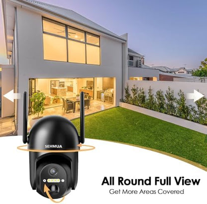 SEHMUA 2 Pack Solar Security Cameras Wireless Outdoor, 2K 360° View Battery Powered Outdoor Camera, WiFi Home Security with Spotlight Color Night Vision, PIR Sensor, Black