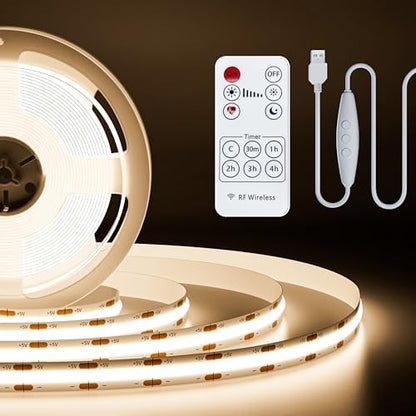 PAUTIX 5V USB COB LED Strip Lights Dimmable LED Lights 4000K Natural White with RF Remote,1200lm,Dotless Flexible Tape Light for Under Cabinet,Bedroom,TV Backlight,Kitchen,Shelf,Mirror Lighting 6.56ft