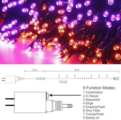 300 LED Halloween String Lights, 98.5FT with 8 Modes, Waterproof, Plug in for Indoor/Outdoor Party Decorations (Purple & Orange)