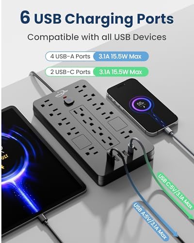 JouleLoom 2 Pack Surge Protector Power Strip-14 Outlets and 6 USB Ports, 6 Feet Flat Plug Extension Cord, 1850 Joules, Black, ETL Listed for Home, Office, Dorm Room
