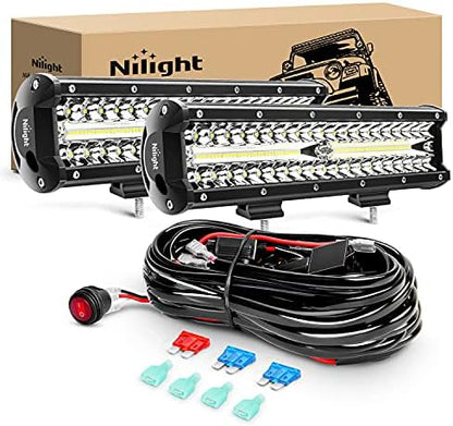 Nilight LED Light Bar 2Pcs 12 Inch 300W Triple Row Flood Spot Combo 30000LM Driving Lights with Off Road Wiring Harness Kit -2 Leads for Trucks ATV UTV SUV, 2 Years Warranty
