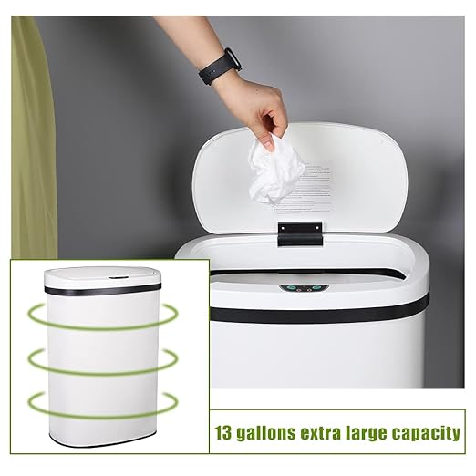 13 Gallon 50 Liter Garbage Can Kitchen Trash Can with Lid Automatic Sensor Touch Free Stainless Steel Waste Bin for Bathroom Bedroom Home Office,White