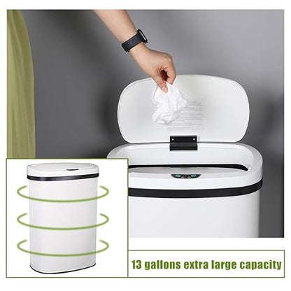 13 Gallon 50 Liter Garbage Can Kitchen Trash Can with Lid Automatic Sensor Touch Free Stainless Steel Waste Bin for Bathroom Bedroom Home Office,White