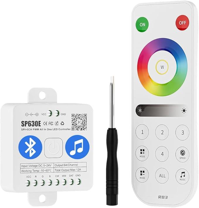 BTF-LIGHTING SP630E Bluetooth Controllers 4 Zones 2.4GHz RF RB3 Remote Kit Support FCOB COB SMD PWM or SPI RGB RGBW LED Strip WS2811 WS2812B WS2814 WS2815 SK6812 IC etc DC5V DC12V DC24V