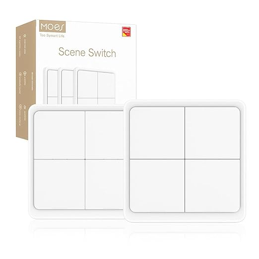 MOES 2 White Packs Wireless Smart Scene Switch Button, Require MOES HUB, Zigbee Connection Tuya Battery Powered Included 12 Scene Controller Light Switch for Smart Home Automation 4 Gang White