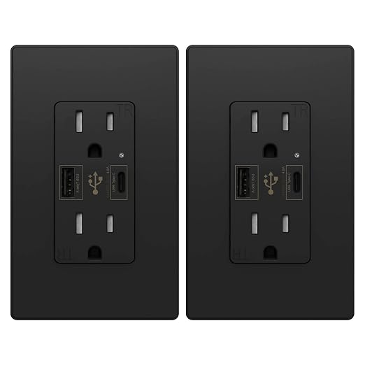 Micmi USB Outlet with C + A Wall Dual High Speed Receptacle Smart 4.8A Fast Charging Capability, 15Amp 125Volt, Tamper Resistant Wall Plate Included UL Listed (2Pack, Black, 15 Amp Outlet)