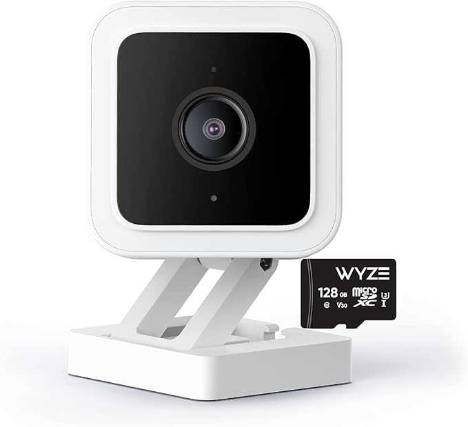 Cam V3 Smart Home Security Camera, Indoor/Outdoor Use, IP65-Rated 1080p Plug-in, Color Night Vision, Motion Detection, Two Way Audio, Compatible with Alexa, Google Assistant, Cam V3+128GB SD Card