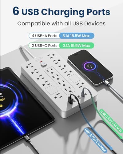 JouleLoom 2 Pack Surge Protector Power Strip-14 Outlets and 6 USB Ports, 6 Feet Flat Plug Extension Cord, 1850 Joules, White, ETL Listed for Home, Office, Dorm Room