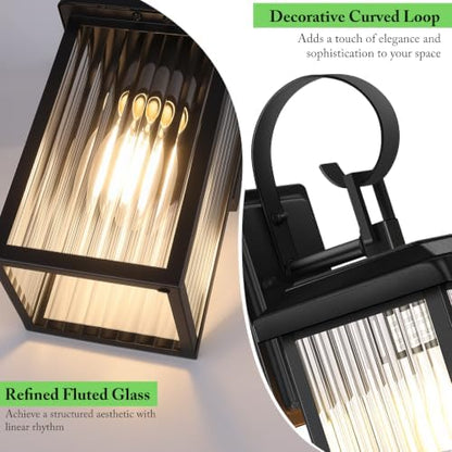 BesLowe 2-Pack Outdoor Wall Light Fixtures with Fluted Glass, Black