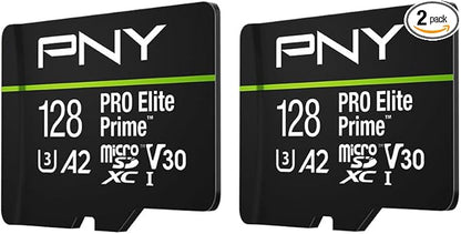 PNY 128GB PRO Elite Prime™ C10 U3 V30 A2 microSDXC Flash Memory Card – Ultra-Fast Speeds, Read 200MB/s, Write 150MB/s, 4K UHD, Full HD, UHS-I, for Smartphones, Drones, Action Cameras, 2-Pack