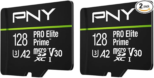 PNY 128GB PRO Elite Prime™ C10 U3 V30 A2 microSDXC Flash Memory Card – Ultra-Fast Speeds, Read 200MB/s, Write 150MB/s, 4K UHD, Full HD, UHS-I, for Smartphones, Drones, Action Cameras, 2-Pack