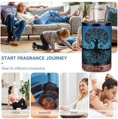 Essential Oil Diffuser 120ML Metal Aromatherapy Diffuser with Timer, Cool Mist Humidifier with Auto Shut-Off & 7 Color Lights for Home Office Spa (Life Tree)