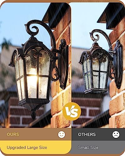 EDISHINE Dusk to Dawn Outdoor Wall Light, Roman Large Size Exterior Lantern Fixtures, E26 Base, Waterproof Porch Lights Wall Mount, Black Outside Wall Sconce, 2 Pack