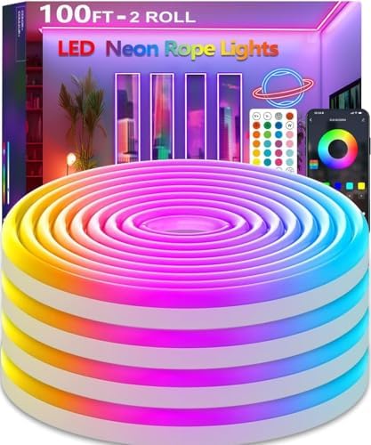 100FT Led Rope Lights,Flexible Neon Light Control with App/Remote,Multiple Modes,IP65 Outdoor Waterproof,Music Sync Strip for Bedroom