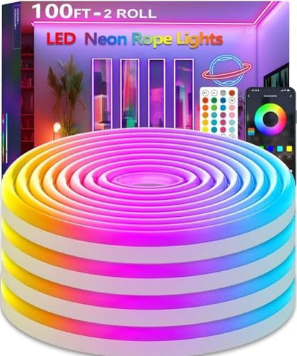 100FT Led Rope Lights,Flexible Neon Light Control with App/Remote,Multiple Modes,IP65 Outdoor Waterproof,Music Sync Strip for Bedroom